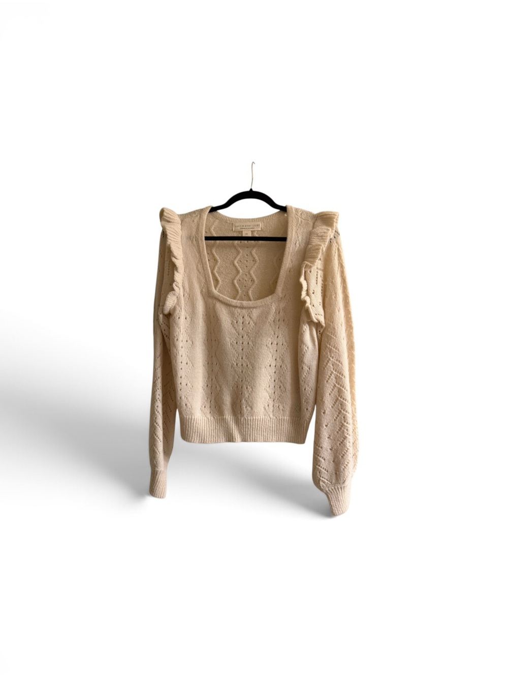 Line & Dot Cream Square Neck Pointelle Sweater w/ Shoulder Ruffles
